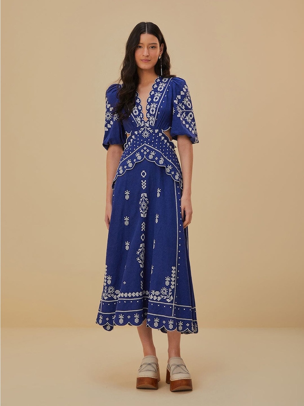 FARM Rio Blue Midi Dress Navy Blue Embroidered Cut-Out